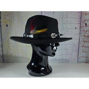 Black Western Fedora Cowboy Hat Feather Silver Buckle Band Wide Brim